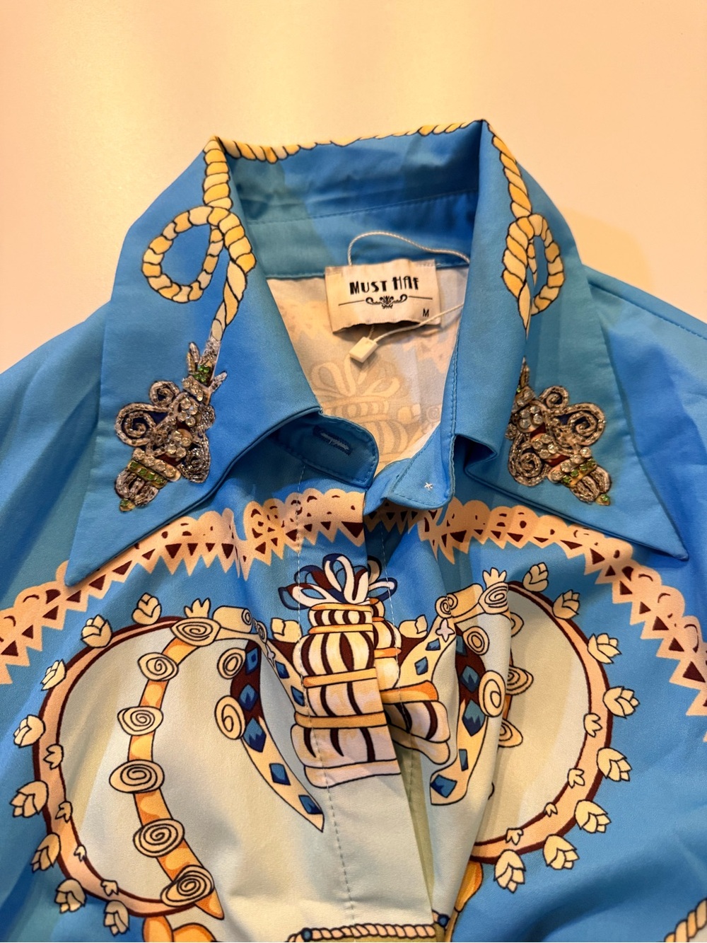 Mens Blue Decorative Button-Up Shirt